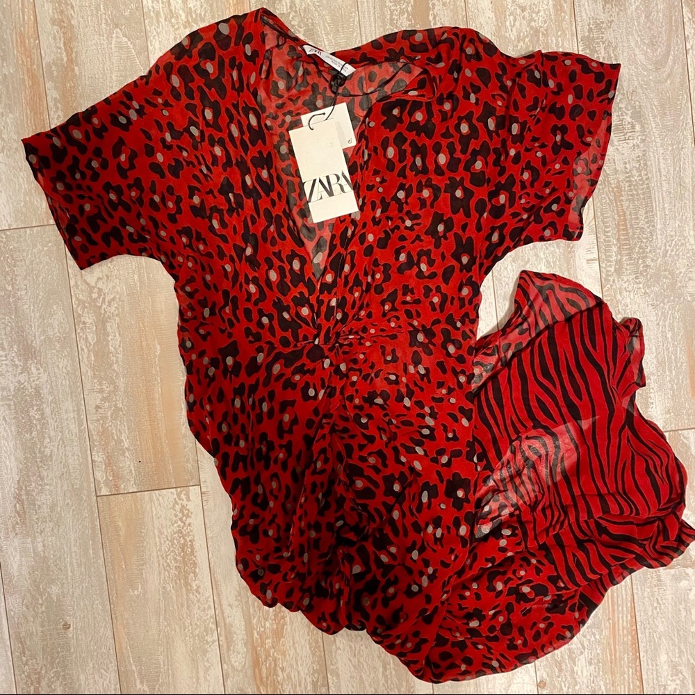 NWT ZARA Red Leopard Print Sheer Cover Up Dress